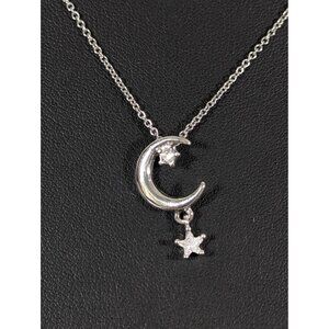 Silver Tone Rhinestone Crescent Moon‎ Star Charm Necklace Dainty 18" Celestial